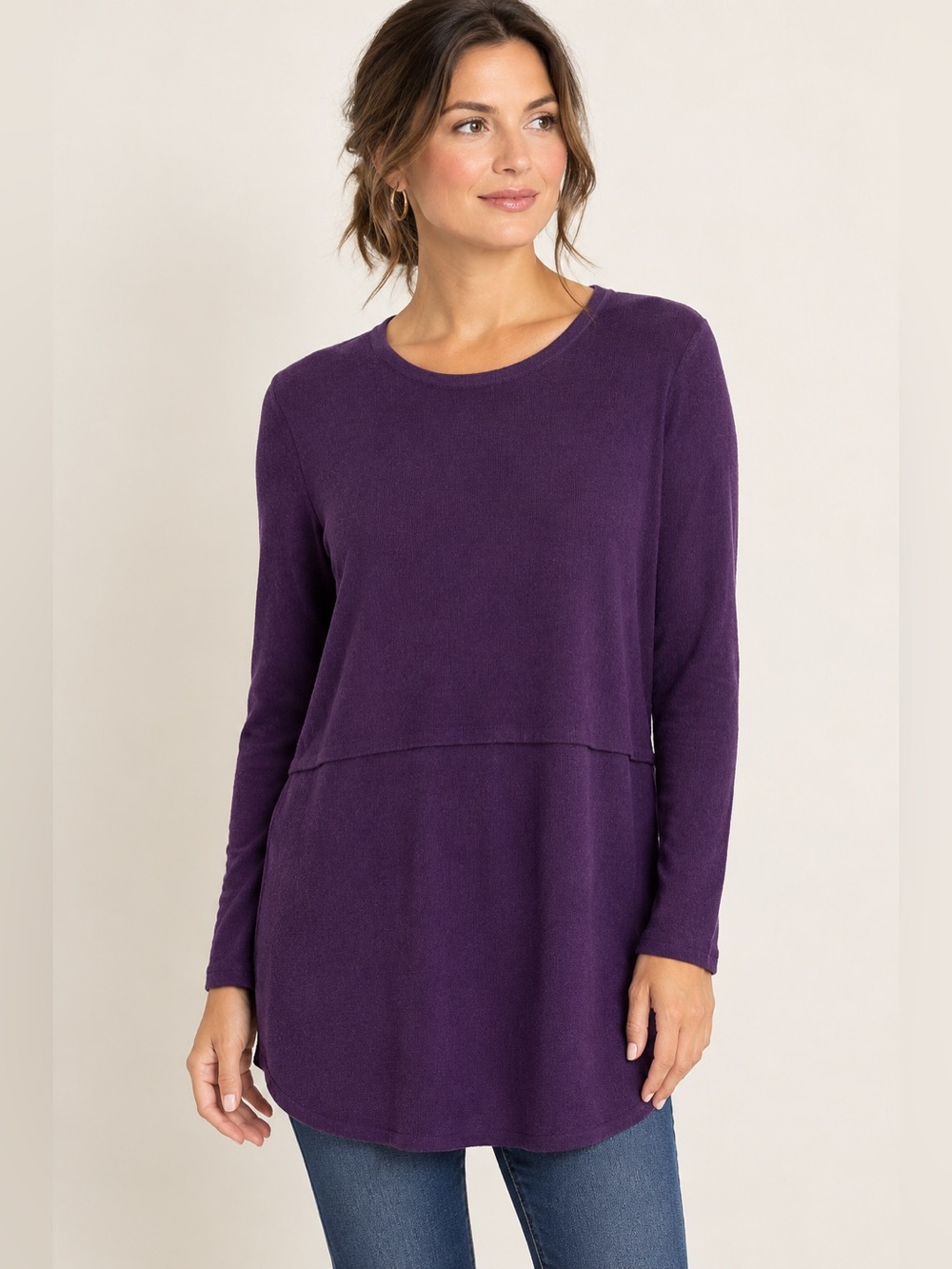 J. Jill Wool Blend Long Sleeve Tunic Sweater Layered Design Women L Tall Plum